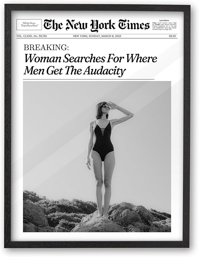 iHery Premium Natural Black OAK Wood 16x20in Trendy Framed Wall Art, Retro Woman Searches For Where Men Get The Audacity Canvas Wall Decor For Girly Dorm Bedroom Living Room 1Pack