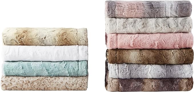 Madison Park Zuri Soft Plush Luxury Oversized Faux Fur Throw Animal Stripes Design, Faux Mink On The Reverse, Modern All Seasons Blanket for Bed, Sofa Couch, Office, White, 60x70