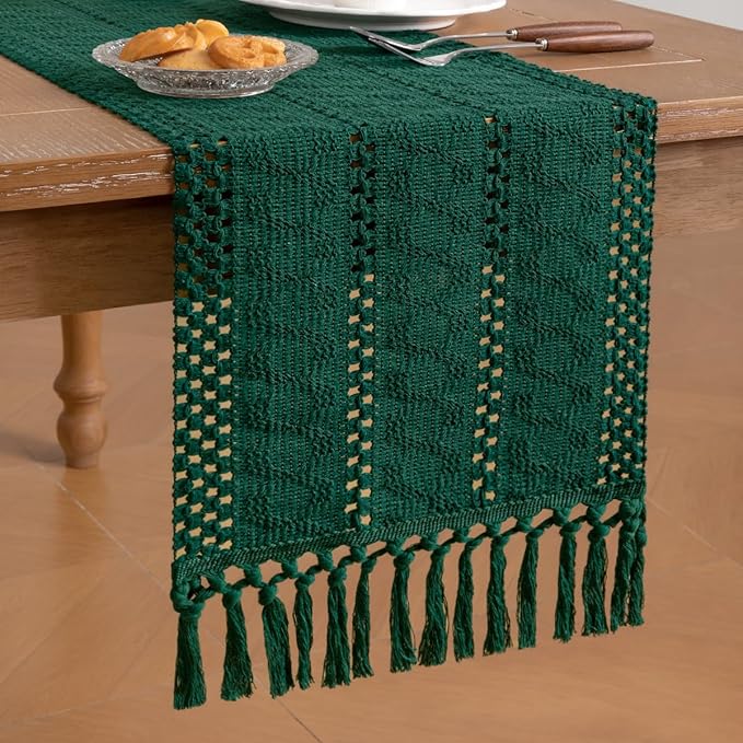 Socomi Boho Table Runner Macrame Easter Spring Farmhouse Woven Cotton Linen Rustic Coffee Table Runner with Tassels for Dresser Scarf Home Decor Dining Room 12x90 inch Emerald Green