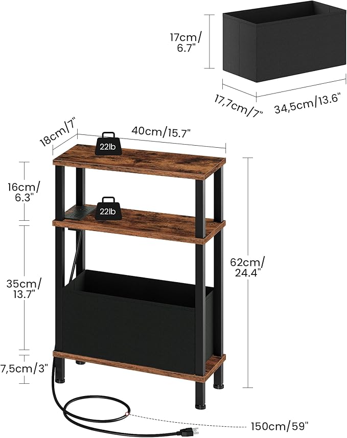 Set of 2 End Tables with Charging Station, Narrow Side Table for Small Spaces, Slim Nightstand with Basket, Skinny Bedside Table, for Living Room, Bedroom, Rustic Brown and Black TBZ07UP2BF