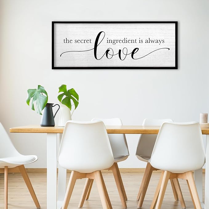 TQianJiang Kitchen Wall Decor The Secret Ingredient Is Always Love Sign 40"×15" Heartwarming Quote for Dining Room Mother's Day Large Farmhouse Rustic Wood Framed Wall Plaque Hanging Art (Black)