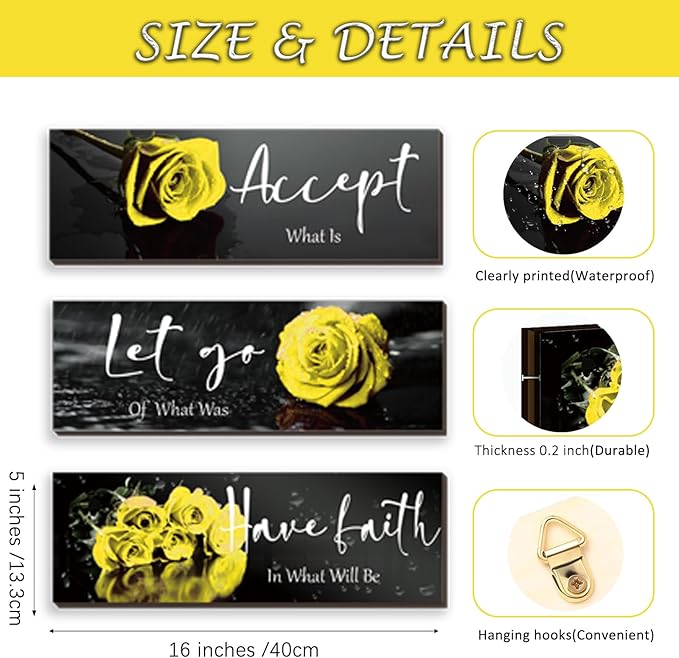 ZINYAZHE 3 Pcs Large Yellow Wall Decor Inspirational Yellow Bathroom Wooden Rose Wall Art Office Wall Decor With Accept Let Go Have Faith Quotes For Girl Women Bathroom Bedroom(yellow 16 X5)