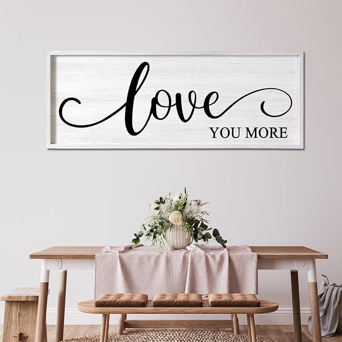Love You More Decorative Rustic Sign & Plaque Framed Wall Art for Couples, 40''×15'' Vintage Cottagecore Wooden Horizontal Love Quote Home Decor Above Bed for Living Room, Farmhouse Wedding Gift