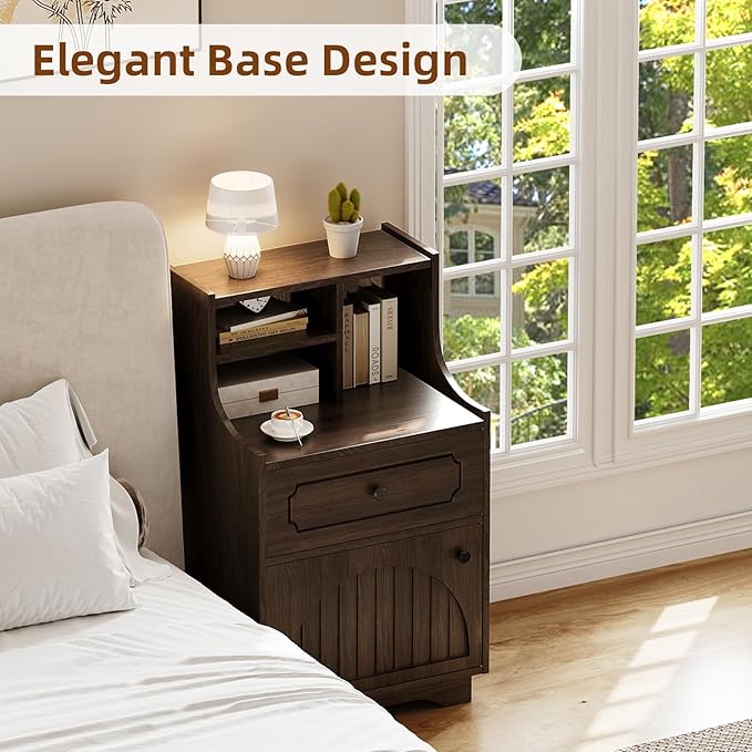 4ever2buy Farmhouse Night Stand with Storage Hutch for Bedroom Engineered Wood Bedside Table with Drawer 30.31 inch Tall Nightstand End Table Dark Oak