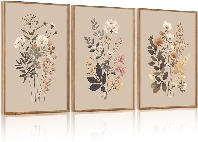 CHDITB Botanical Flower Framed Canvas Wall Art Set Of 3, Modern Nature Wildflower Wall Decor, Rustic Floral Wall Painting, Vintage Flowers Art Prints For Bedroom Living Room Office Decor (12X16 Inch)