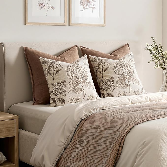 Set of 2 Decorative Floral Neutral Pillow Covers 22x22 Inch Light Brown Hydrangea Print Spring Boho Vintage Throw Cushion Covers for Sofa Couch Porch Bedroom Living Room Summer Home Decor