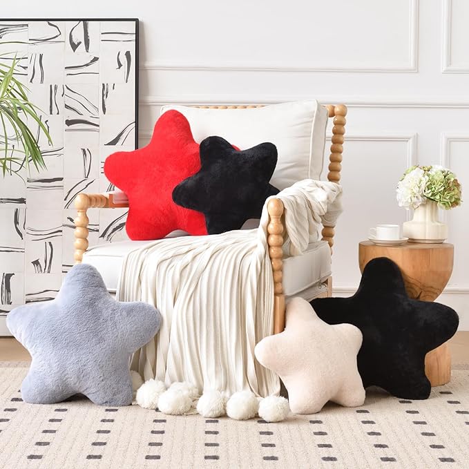 Xiashrk Star Pillow, Decorative Throw Pillows for Bed Couch, 15" Star Shaped Pillow Plush Floor Cushions Room Decor Pillow with Faux Rabbit Fur for Sofa Bedroom Living Room (Black, 15" x 15")