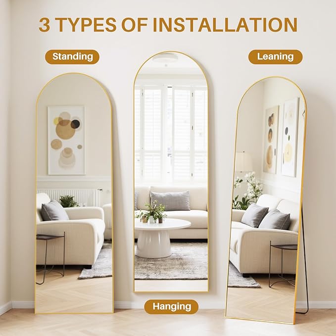 Full Length Mirror 59"x16" Full Body Mirror Arched Free Standing Wall Mounted Leaning Floor Mirrors with Stand Aluminum Alloy Frame for Bedroom Cloakroom, Matte Gold