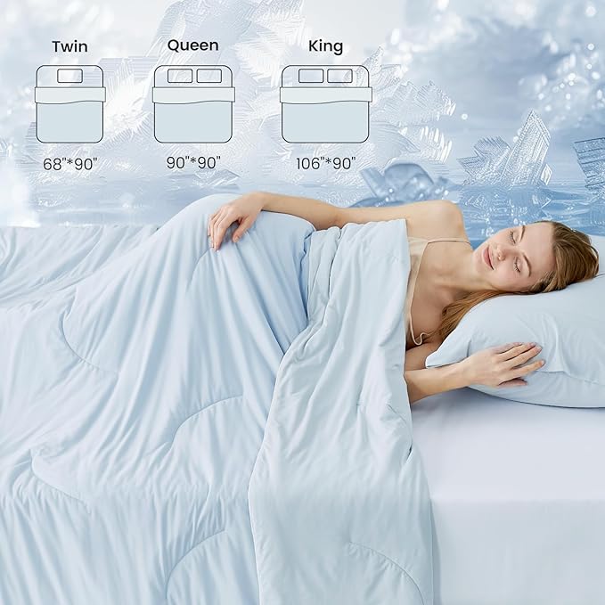 Cozy Bliss Cooling Comforter Queen Size, Reversible Lightweight Cooling Blankets for Hot Sleepers and Night Sweats, Q-Max>0.45 Soft Breathable Silky Smooth Summer Comforter, Cool Blue, 90"x90"