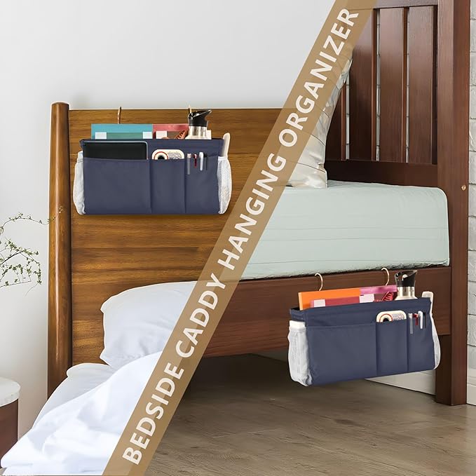 DOMIKING Navy Blue Bedside Caddy for Dorm Bed Recliner Armrest Organizer with Hooks Haning Storage Bag for Bunk Bed Rails Headboards