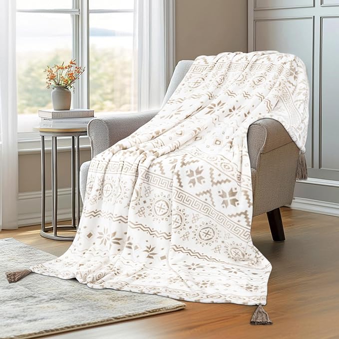 MACEVIA Flannel Boho Blanket for Couch, Country Western Aztec Blanket for Home Decor, Southwestern Throw Blankets with Tassel, Soft Cozy Printed Bohemian Blankets for Bed (Boho Beige02, 50x60inches)