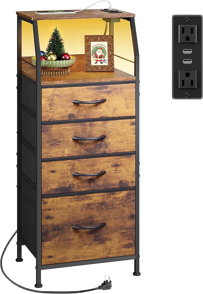 WLIVE 4 Drawer Dresser for Bedroom, 37" H Nightstand with Charging Station and Led Light, Tall Night Stand Bed Side Table, End Table with USB Ports and Outlets, Fabric Bins, Wood Shelf, Rustic Brown