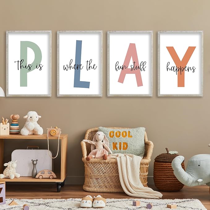 This Is Where The Fun Stuff Happens Kids Playroom Wall Art 11x16 Inch Set Of 4 Rustic Kids Wood Framed Boy Sign Toddler Modren Nursery Interesting Let's Play Prints Wall Hang Decor (White)