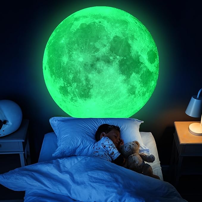 Huge Glow in The Dark Moon Wall Stickers 6 Sheets Night Luminous Full Moon Decals Peel and Stick Wall Decor for Kids Room Bedroom Living Room(51.18 inches × 50.39 inches) (Green)