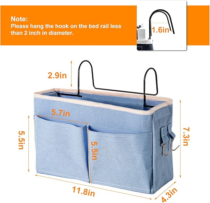 Surblue Bedside Caddy Bedside Storage Bag Hanging Organizer for Bunk, Hospital Beds, Dorm Rooms Bed Rails Camp 4 Pockets and 2 Hooks (Skyblue)