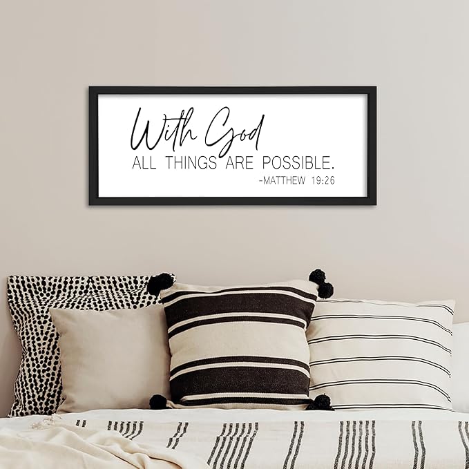 flowtorely With God All Things Are Possible Wall Decor Scripture 24"×10" Matthew 19:26 Bible Verse sign Christian Large Wood Framed Wall Hanging (Black)