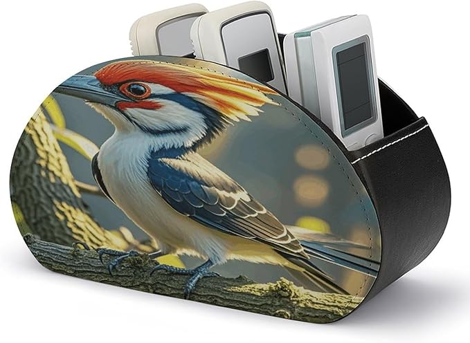 Cute Pileated Woodpecker Remote Control Holder Organizer Box with 5 Compartment PU Leather Bedside Storage Caddy Remote Organizer for Controller Media Player Pen/Pencil Storage