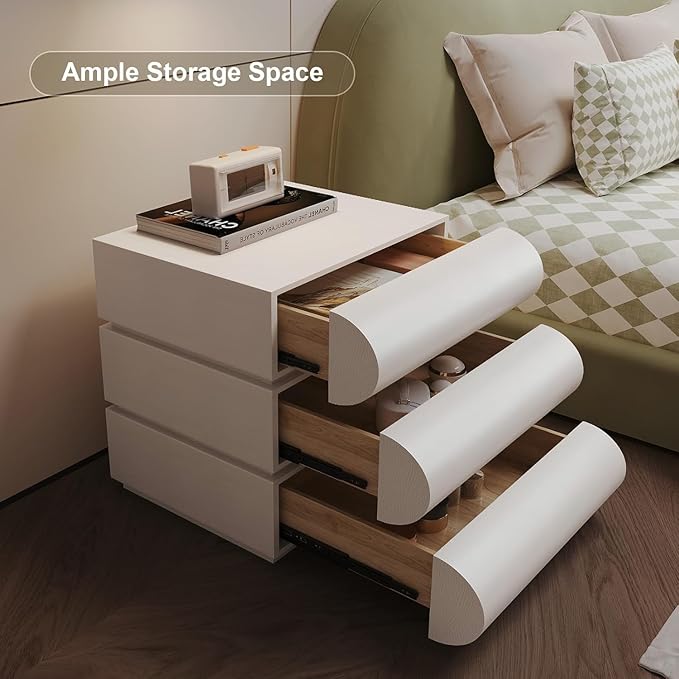 Nightstand with 3 Drawer, Bedside Table with Microfibre Leather, Fashion Night Stand for Bedroom/Living Room, No Assembly Required-White