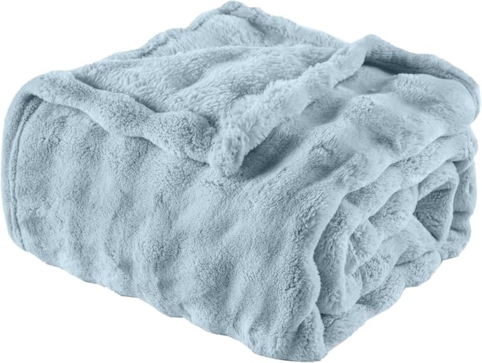 Light Blue Fur Throw Blanket for Couch, Soft Fluffy Bubble Blanket for Bed Sofa, Thick Warm Plush Fuzzy Rabbit Fur Blanket for Neutral Home Decor, 50"X 60"