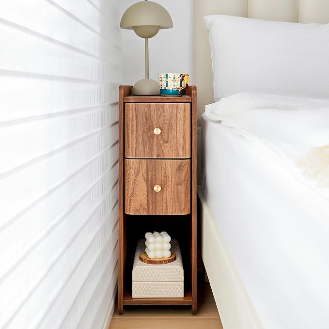 Narrow End Table Bedroom, Wooden Small 2 Drawer Nightstand, Thin Couch Side End Table, Skinny Bedside Table Small Spaces, Mid Century Modern Night Stand with Drawers (Walnut-1 pc)