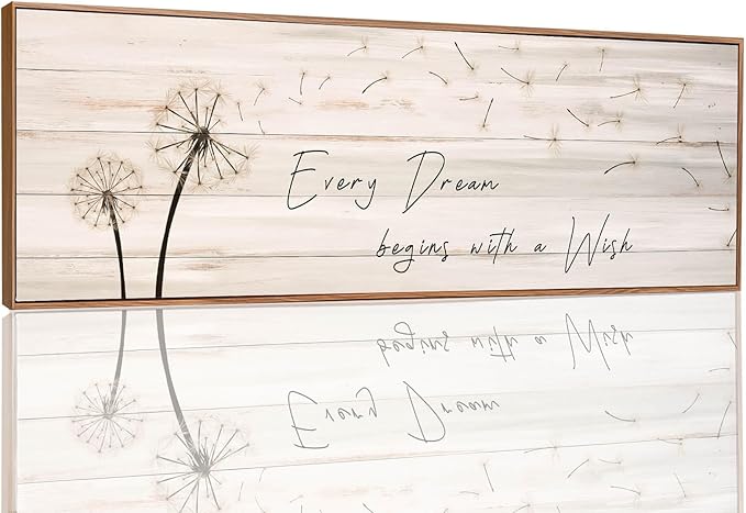 Dandelion Wall Art - Every Dream Begin with A Wish Rustic Farmhouse Wall Decor Framed Canvas Wall Art Bedroom Wall Decor Above Bed Dandelion Art Decor Vintage Room Decor (Wooden Frame) 43x15inch