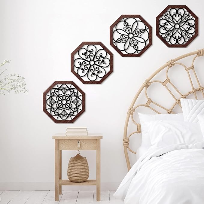 4 Pieces Thicken Rustic Wood Wall Decor Modern Farmhouse Wall Art Decor Wooden Hollow Carved Design Rustic Art for Living Room Bedroom Office Kitchen (Classic Style)