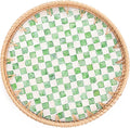 Round Rattan Tray with Mother of Pearl Inlay, Rattan Serving Tray for Coffee, Bread, Fruits, Decorative Wicker Tray for Table Decor, Home Decor, Kitchen Island Decor(Green Checkerboard, 11.8")