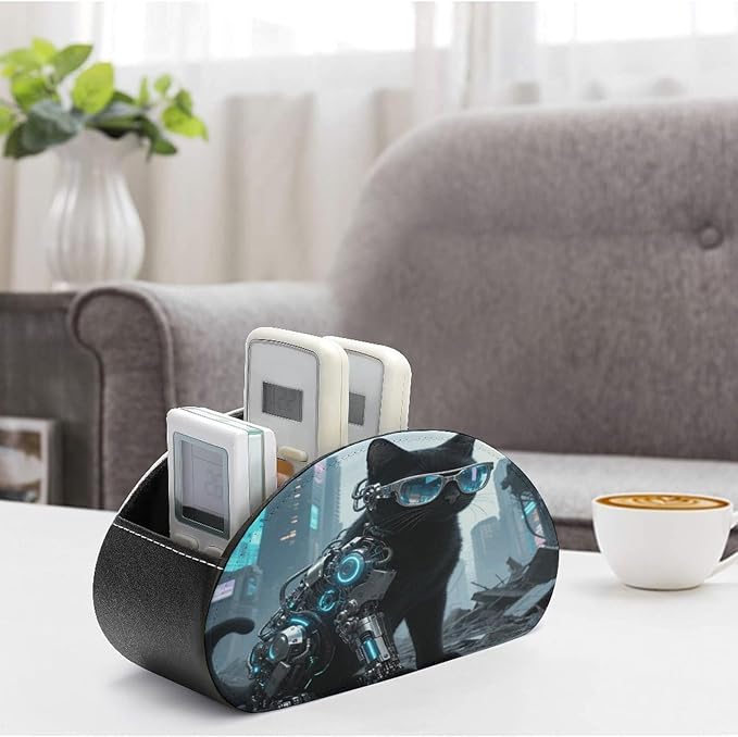 Black Cat Glasses Remote Control Holder Organizer Box with 5 Compartment PU Leather Bedside Storage Caddy Remote Organizer for Controller Media Player Pen/Pencil Storage