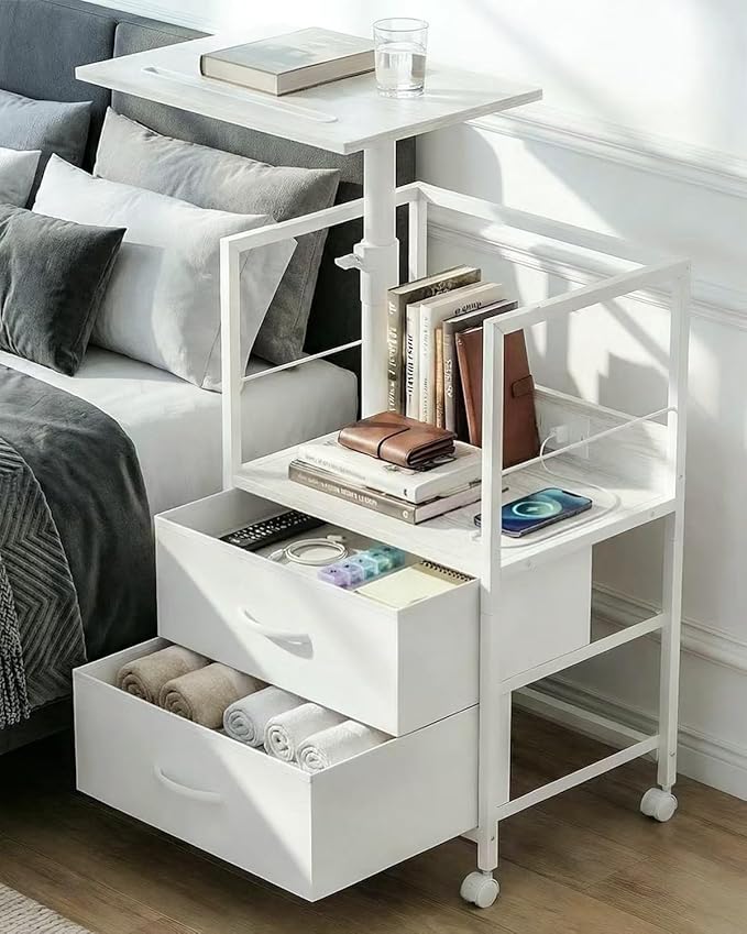 360° Swivel Nightstand with Height Adjustable, Lift Top Bedside Table with Charging Station, Rolling Night Stand with 2 Fabric Drawers, End Table with Wheels, for Bedroom, Living Room, White