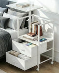 360° Swivel Nightstand with Height Adjustable, Lift Top Bedside Table with Charging Station, Rolling Night Stand with 2 Fabric Drawers, End Table with Wheels, for Bedroom, Living Room, White