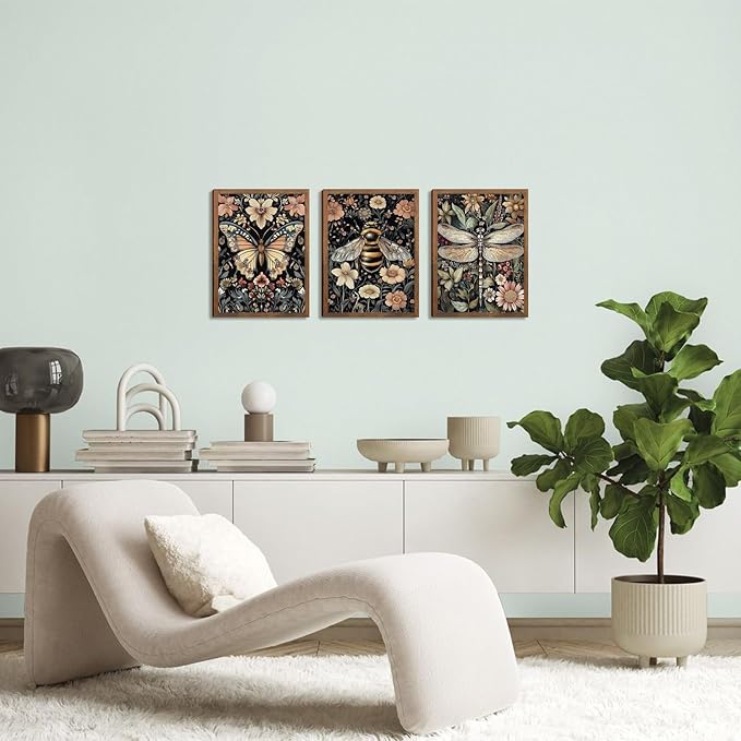 Retro Insect Wall Art Set of 3, Butterfly Bee Dragonfly Gothic Botanical Prints, Rustic Nature Animal Canvas Wall Decor for Living Room Bedroom Office Farmhouse Home Decor 12x16In Wood Framed