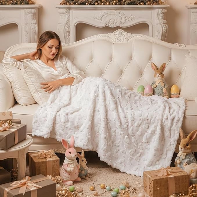 Easter Throw Blanket 50 x 60 Inch White Bunny Blanket Velvet Faux Rabbit Fur Soft Lightweight for Home Living Room Couch Sofa Bed Cabin Easter Spring Holiday Decor