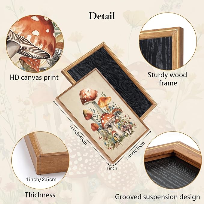 CHDITB Vintage Mushroom Framed Canvas Wall Art Set Of 3, Magic Mushrooms Wall Decor, Nature Botanical Floral Painting, Colorful Fungi Aesthetic Art Prints for Dining Room Bedroom Decor 12x16 inch