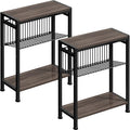 Small Side Table Set of 2 - 3-Tier Narrow End Table with Magazine Holder, Skinny Snack Couch Table for Living Room, Bedroom, Study and Balcony (Ash Brown)