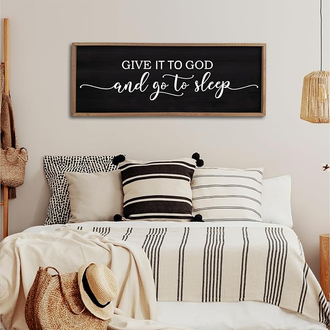 Give It To God And Go To Sleep Sign Wall Decor 40"X15" Master Bedroom Above Bed Large Farmhouse Wall Decor Wood Rustic Framed Over Bed Wall Art Hanging Decoration(Wood Black)