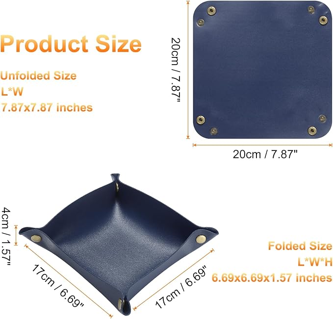 HARFINGTON 2pcs PU Leather Valet Tray Unisex Folding Small Catchall Tray Portable Entryway Table Tray Nightstand Bedside Desk Tray for Key Wallet Watch Coin Jewelry Dice, Dark Blue