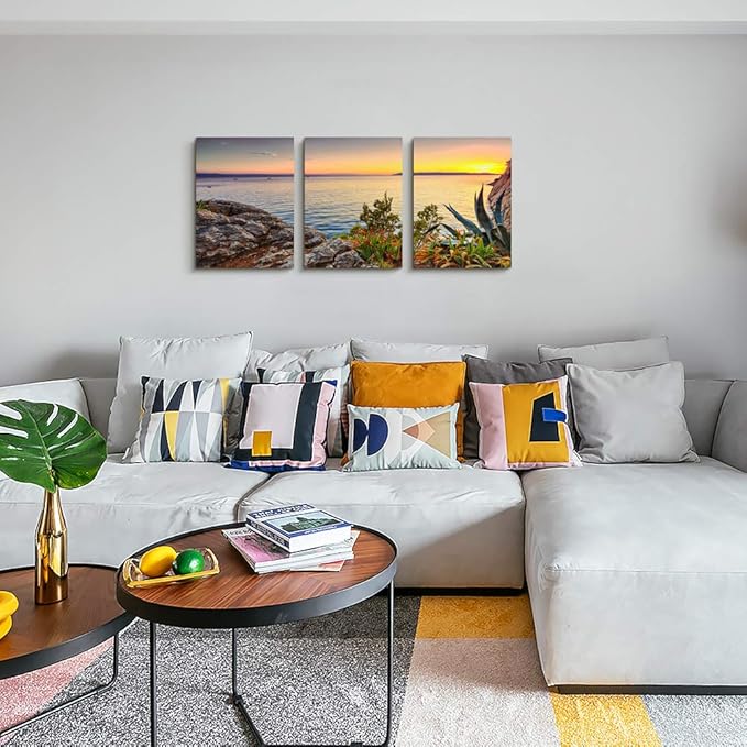 Canvas Wall Art for living room bathroom Wall Decor for bedroom artwork Canvas Prints sun ocean landscape painting 12" x 16" 3 Pieces framed office family wall decorations Pale yellow kitchen picture