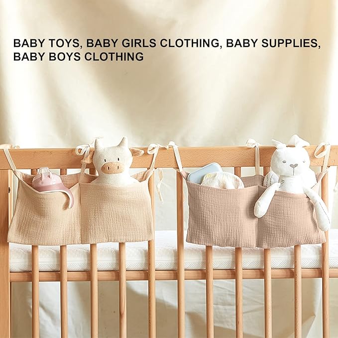 Diaper Caddy, Pure Cotton Cloth Baby Bedside Hanging Storage Bag Diaper Stacker Crib Organizer Hanging for Crib 2 Pockets Adjustable Strap Organizer for Baby Cribs and Toys (Khaki)