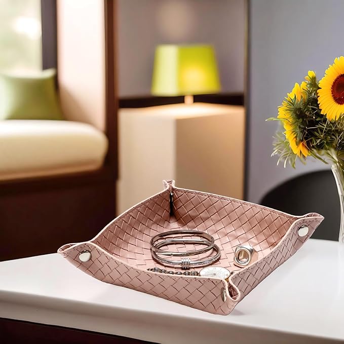 UnionBasic Small Valet Tray, Jewelry Tray for Rings Watches Earrings, Entryway Catchall Caddy for Coins Keys Change, Nightstand Bedside Valet Holder, Trays for Electronic Gadgets, Woven Pink