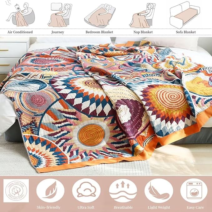 Boho Blanket for Bed 100% Cotton Bohemian Throw Blankets Ultra Soft Woven Muslin Decorative Blankets All Seasons Vintage Quilt Knitted Blanket for Sofa Chair (Colorful, 50"x60")