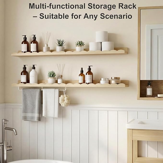 Fixwal Nursery Shelves, 24 Inch Floating Bookshelves for Wall Set of 4, Scalloped Wall Book Shelves with Towel Rack for Kids, Toddler Room, Baby Room, Nursery Decor and Storage(Natural Wood)