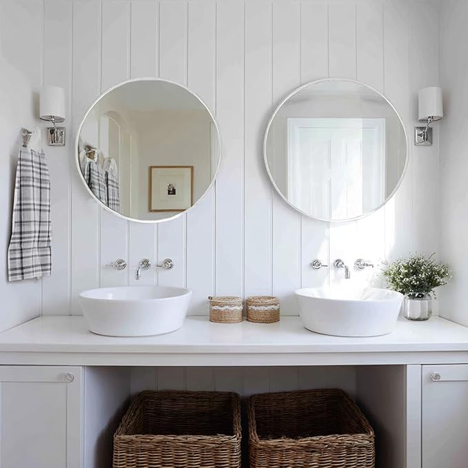 Silver Round Mirror 24 inch, 2 Pack Silver Circle Mirror, Round Bathroom Mirrors Metal Frame for Bathroom, Bedroom, Living Room, Hallway.
