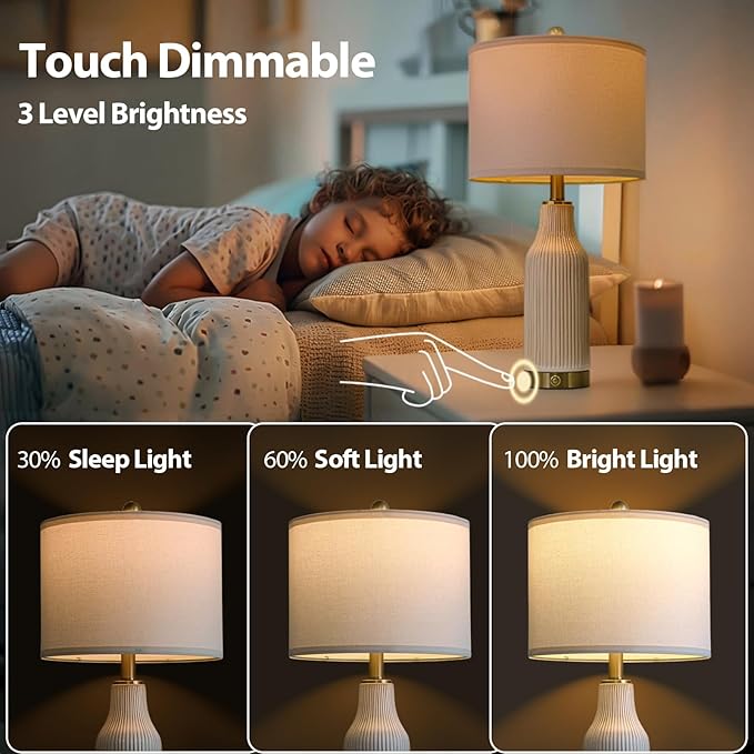24.5" Modern 3-Way Dimmable Touch Control with 5FT Cord & USB A+C Ceramic Lamps Set of 2 Table Lamp for Living Room Bedroom Farmhouse Nightstand Bedside White