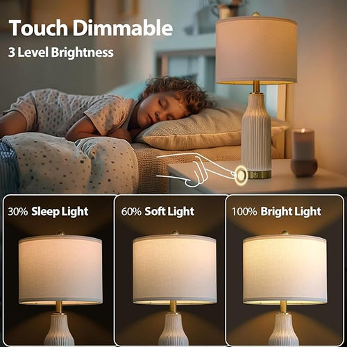 24.5" Modern 3-Way Dimmable Touch Control with 5FT Cord & USB A+C Ceramic Lamps Set of 2 Table Lamp for Living Room Bedroom Farmhouse Nightstand Bedside White