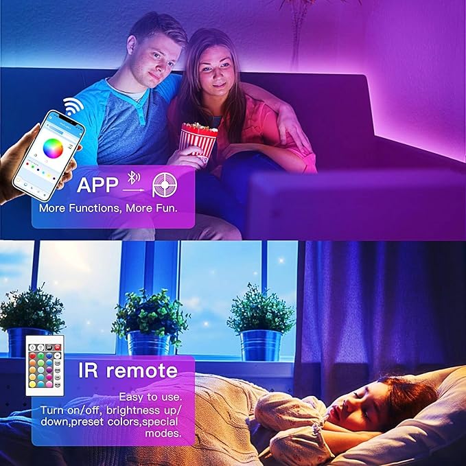 120ft Bluetooth LED Strip Lights,SMD 5050 Music Sync LED Lights Strip,RGB Color Changing LED Lights with Remote,Smart Phone APP Control,LED Lights for Bedroom,Ceiling,Room DIY(APP+Remote +Mic/60ftx2)