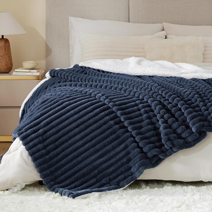 INFIIXSO Sherpa Fleece King Size Blanket - Super Soft & Warm Striped Fleece, Cozy Plush Fluffy Large Bed Blanket All Season Use (Navy Blue, 104x90 Inches)