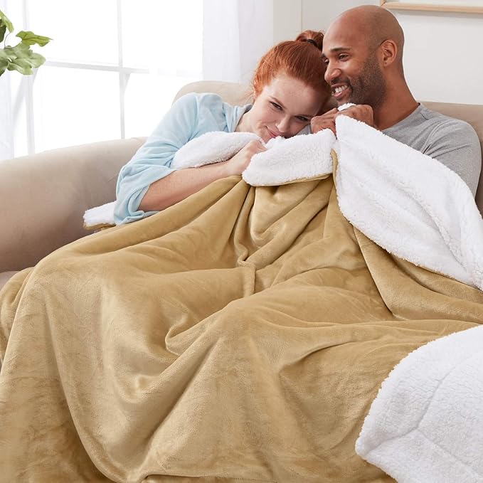 Genteele Sherpa Throw Blanket Super Soft Reversible Ultra Luxurious Plush Blanket, 90 x 90 inches, Camel/White