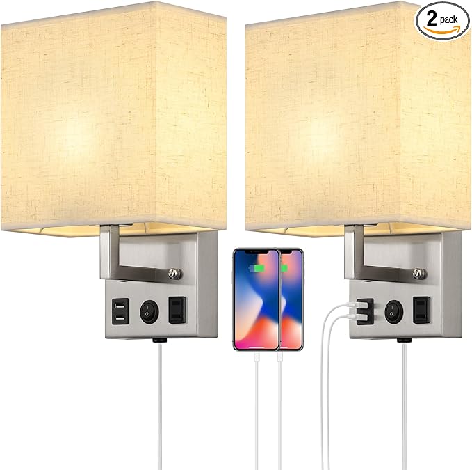 Black Wall Sconces Set of Two, Bedside Wall Lights for Bedroom, Plug in Wall Sconce with USB Ports and Outlets, Modern Wall Lamp for Mirror Kitchen Living Room Hallway, E26 Base (LED Bulbs Included)