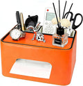 PU Leather Tissue Box Cover Square - Multifunctional Tissue Box Holder with Storage, Tissue and Remote Control Holder Organizer with Compartments for Bedroom Nightstand, Desk, Living Room (Orange)