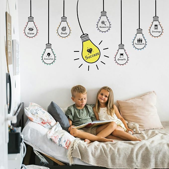 HLNIUC Positive Words Wall Decal 25PCS Success Teamwork Wall Sticker Minimalist Inspirational Lettering Artwork Motivational Saying Art Sticker Light Bulb Themed Wall Decor for Classroom Office